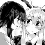  2girls :&lt; animal_ears bangs black_hair blazer blush commentary_request greyscale hair_between_eyes hime_cut houraisan_kaguya jacket long_hair looking_at_another mana_(gooney) monochrome multiple_girls necktie open_mouth rabbit_ears reisen_udongein_inaba shirt textless touhou 