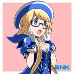  1girl ascot beret blonde_hair blue-framed_eyewear blue_ascot blue_eyes enta_girl falcoon glasses gloves hat highres jacket logo mascot official_art open_mouth pink_background puffy_short_sleeves puffy_sleeves semi-rimless_glasses short_sleeves simple_background snk solo surprised upper_body 