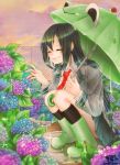  1girl absurdres asui_tsuyu black_hair black_legwear boku_no_hero_academia boots closed_eyes day fence flower frog highres htdr_hatidori hydrangea kneehighs long_hair low-tied_long_hair necktie outdoors puddle red_necktie rubber_boots school_uniform smile snail solo squatting twitter_username umbrella very_long_hair watermark 