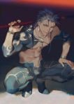  1boy blue_hair bodysuit crescent_necklace detached_sleeve earrings fate/grand_order fate/stay_night fate_(series) gae_bolg jewelry lancer looking_at_viewer male_focus necklace open_clothes over_shoulder polearm red_eyes rei_(sanbonzakura) shirt shirtless solo spear squatting weapon weapon_over_shoulder 