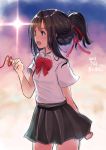  1girl bangs black_hair black_skirt blush braid brown_eyes copyright_name cowboy_shot dated kimi_no_na_wa long_hair miyamizu_mitsuha open_mouth pinky_out pleated_skirt ponytail red_string short_sleeves sidelocks skirt smile solo string twilight xe-cox 