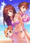  3girls absurdres alternate_eye_color arms_behind_back artist_name ball bangs beach beachball bikini blue_sky blush breasts brown_eyes brown_hair chestnut_mouth clouds collarbone commentary_request cowboy_shot d.va_(overwatch) day ear_piercing eyebrows_visible_through_hair eyes_visible_through_hair facial_mark front-tie_bikini front-tie_top gunppang high_ponytail highres holding horizontal_stripes leaning_forward long_hair looking_at_viewer making_of medium_breasts mercy_(overwatch) multiple_girls navel ocean open_mouth orange_bikini outdoors overwatch piercing purple_bikini shore side-tie_bikini signature sky smile spiky_hair string_bikini striped striped_bikini swept_bangs swimsuit tracer_(overwatch) whisker_markings 