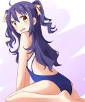  1girl barefoot brown_eyes competition_swimsuit from_behind high_school_fleet highres kapatarou long_hair looking_back one-piece_swimsuit purple_hair school_swimsuit sitting solo suruga_runa swimsuit twintails two_side_up wariza 