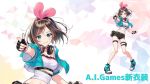  1girl a.i._channel bow breasts commentary_request fingerless_gloves gloves green_eyes hair_ribbon hairband headphones kizuna_ai leg_belt looking_at_viewer morikura_en multicolored_hair official_art pink_hair pink_hairband pink_ribbon pointing pointing_at_viewer ribbon short_hair shorts 