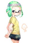  1girl arms_behind_back bike_shorts blue_eyes clenched_hand domino_mask from_behind green_hair headband highres inkling looking_back mask pointy_ears shirt short_hair shorts shorts_under_skirt skirt solo splatoon splatoon_2 sprbouuz t-shirt tentacle_hair yellow_shirt 