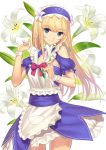  androgynous apron blonde_hair blue_eyes dress fate/grand_order fate_(series) flower hairband le_chevalier_d&#039;eon_(fate/grand_order) lily_(flower) long_hair looking_at_viewer simple_background smile solo tsukikanade white_background wrist_cuffs 