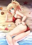  adjusting_clothes adjusting_swimsuit beach bikini blonde_hair blush braid breasts commentary eyebrows_visible_through_hair fate/apocrypha fate_(series) green_eyes grin hair_between_eyes hair_ribbon highres kazenokaze looking_at_viewer lying medium_breasts ocean on_side ponytail red_bikini ribbon saber_of_red sideboob smile swimsuit water wet 