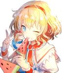  1girl alice_margatroid blonde_hair blue_eyes capelet doll food hairband looking_at_viewer nuudoru one_eye_closed popsicle puffy_short_sleeves puffy_sleeves shanghai_doll short_hair short_sleeves simple_background smile solo touhou upper_body watermelon_bar white_background wrist_cuffs 