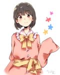  alternate_hair_length alternate_hairstyle bow chinako1075 commentary_request houraisan_kaguya long_sleeves short_hair signature smile touhou 