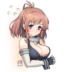  1girl 2017 blue_eyes breasts brown_hair cleavage cosplay dated elbow_gloves fingerless_gloves flying_sweatdrops front-tie_top gloves iowa_(kantai_collection) iowa_(kantai_collection)_(cosplay) kantai_collection large_breasts looking_at_viewer ponytail saratoga_(kantai_collection) short_hair side_ponytail signature simple_background solo tun upper_body white_background 