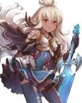  1girl ahoge armor armored_dress cape capelet claymore_(sword) dark_skin frilled_skirt frills gloves granblue_fantasy highres long_hair maruhide666 red_eyes shoulder_pads simple_background skirt smile solo sword the_order_grande thigh-highs weapon white_background white_hair 