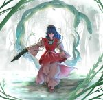  1girl absurdres eyebrows_visible_through_hair green_eyes highres holding holding_sword holding_weapon kushidama_minaka looking_at_viewer plant purple_hair serpent short_hair solo sword touhou vines weapon yasaka_kanako 