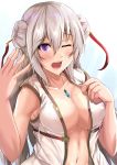  1girl blush breasts cleavage double_bun eyebrows_visible_through_hair jewelry kanzaki_kureha large_breasts long_hair looking_at_viewer navel necklace one_eye_closed open_mouth original silver_hair solo teeth upper_body violet_eyes 