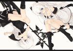  2girls ahoge bangs bare_shoulders bent_knees blue_eyes blush boots bow breasts cleavage collarbone hair_between_eyes hair_bow holding long_hair looking_at_viewer multiple_girls nagishiro_mito off_shoulder original shoes short_hair simple_background smile twintails white_background white_hair 