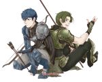  2boys armor armored_boots arrow artist_name back-to-back blue_eyes blue_hair boots bow_(weapon) fingerless_gloves force_(fire_emblem) gloves green_eyes green_hair male_focus multiple_boys open_mouth paison polearm simple_background sitting spear teeth weapon white_background 