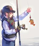  1girl blue_eyes brown_hair cigarette commentary_request daito earrings fish fishing fishing_line fishing_rod gloves hat highres holding holding_fishing_rod jewelry long_sleeves mole mole_under_eye original ponytail smoke smoking solo vest 