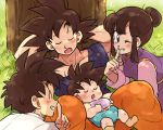  1girl 3boys ;) against_tree baby black_eyes black_hair blue_shirt blush brothers chi-chi_(dragon_ball) chinese_clothes closed_eyes diaper dragon_ball dragonball_z eyebrows_visible_through_hair family father_and_son finger_to_mouth grass grin happy looking_at_viewer mother_and_son multiple_boys one_eye_closed orange_pants shirt short_hair shushing siblings sleeping sleeping_on_person smile son_gohan son_gokuu son_goten spiky_hair tied_hair tkgsize tree white_shirt 