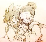  1girl 2boys baby brothers chi-chi_(dragon_ball) chinese_clothes clenched_hands closed_eyes dragon_ball dragonball_z family happy hug monochrome mother_and_son multiple_boys one_eye_closed short_hair siblings sleepy smile son_gohan son_goten tied_hair tkgsize traditional_media 