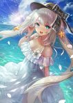  1girl blue_eyes breasts cleavage dress fate/grand_order fate_(series) hat highres lens_flare long_hair marie_antoinette_(fate/grand_order) ocean open_mouth seashell shell silver_hair smile solo starfish sun terai_(teraimorimori) twintails white_dress 