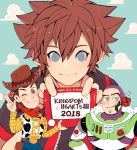  2018 3boys blue_eyes brown_hair buzz_lightyear cowboy_hat dated disney flower hat heart kingdom_hearts kingdom_hearts_iii kvover_(applebloom) looking_at_viewer mouth_hold multiple_boys rose scarf sheriff_woody smile sora_(kingdom_hearts) spacesuit sparkle toy_story 