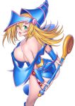  1girl ass bare_legs bare_shoulders blonde_hair blue_boots blue_leotard blush blush_stickers boots breasts choker cleavage dark_magician_girl duel_monster female from_behind green_eyes hat highres huge_ass large_breasts leotard long_hair looking_at_viewer looking_back magical_girl one_eye_closed open_mouth shiny shiny_hair sideboob simple_background smile solo staff standing suzume_inui white_background wink wizard_hat yu-gi-oh! 