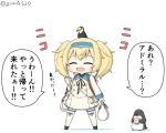  1girl animal animal_on_head bird bird_on_head blonde_hair blue_shirt chibi closed_eyes commentary_request dress full_body gambier_bay_(kantai_collection) goma_(yoku_yatta_hou_jane) groceries hairband kantai_collection loafers map_(object) on_head open_mouth penguin sailor_dress shirt shoes simple_background standing thigh-highs toucan translation_request twintails twitter_username white_background white_legwear 