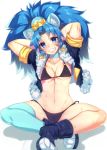  1girl animal_ears aqua_legwear arms_up bangs bikini black_bikini blue_eyes blue_hair boots breasts cropped_jacket cure_gelato earrings fur_trim grin indian_style jacket jewelry kirakira_precure_a_la_mode long_hair looking_at_viewer medium_breasts navel open_clothes open_jacket parted_bangs parted_lips precure satou_(kuso-neet) short_sleeves simple_background single_thighhigh sitting smile solo swimsuit thigh-highs thighs white_background 
