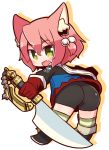  1girl 7th_dragon 7th_dragon_(series) animal_ears ass blush eyebrows_visible_through_hair fang fighter_(7th_dragon) full_body gloves green_eyes holding holding_sword holding_weapon looking_at_viewer naga_u pink_hair red_gloves short_hair smile solo sword weapon 