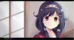  10s 1girl bangs blurry blurry_background close-up eyebrows_visible_through_hair face hair_ornament hairband kantai_collection letterboxed looking_at_viewer low_twintails parted_lips portrait purple_hair red_eyes ryuuhou_(kantai_collection) swept_bangs taigei_(kantai_collection) twintails twitter_username yukichi_(eikichi) 