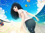  1girl beach beach_umbrella bird black_hair blue_eyes boat clouds commentary_request confetti denim dutch_angle horizon hot_air_balloon jeans looking_at_viewer looking_back ocean open_mouth original pants paper_airplane sailboat seagull sky solo streamers umbrella watercraft wind wind_lift yajirushi_(chanoma) 