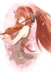  10s 1girl absurdres alternate_costume bare_shoulders black_dress breasts brown_hair chemise cherry_blossoms closed_eyes dress flower from_side hair_flower hair_ornament headgear highres instrument kantai_collection long_hair medium_breasts music playing_instrument ponytail profile shibakame solo very_long_hair violin wrist_cuffs yamato_(kantai_collection) 