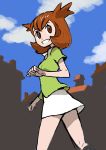  1girl blue_sky brown_hair clouds green_shirt hair_flaps kanon_(pokemon) pokemon pokemon_(anime) shirt short_hair sketch skirt sky smile sugimori_ken white_skirt 