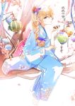  1girl blonde_hair braided_ponytail cup emo_(ricemo) japanese_clothes kimono lantern paper_lantern rwby sakazuki solo translation_request tree violet_eyes yang_xiao_long 