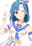  1girl blue_hair breasts dress enelis green_eyes hand_up hat heart idolmaster idolmaster_million_live! idolmaster_million_live!_theater_days looking_at_viewer nanao_yuriko one_eye_closed pointing pointing_up simple_background small_breasts solo white_background 