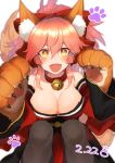  1girl :d animal_ears bangs bare_shoulders bell bell_collar black_legwear blush bow breasts cleavage collar dated eyebrows_visible_through_hair fangs fate/grand_order fate_(series) fox_ears hair_between_eyes hair_bow hands_up japanese_clothes jingle_bell kimono knees_up large_breasts long_hair looking_at_viewer obi open_mouth pantyhose paw_pose paws pink_hair ponytail red_bow red_kimono sash smile solo tamamo_(fate)_(all) tamamo_cat_(fate) yakibird yellow_eyes 