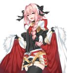  1boy anoshabu black_bow black_gloves black_legwear blush bow braid cape eyebrows_visible_through_hair fang fate/apocrypha fate/grand_order fate_(series) fur_trim garter_straps gauntlets gloves hair_ribbon long_hair male_focus open_mouth pink_hair ribbon rider_of_black single_braid trap violet_eyes 