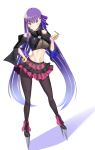  1girl alternate_costume blue_eyes breasts fate/grand_order fate_(series) fusion hair_ribbon heterochromia highres i.f.s.f long_hair looking_at_viewer meltlilith midriff navel pantyhose passion_lip purple_hair ribbon skirt type-moon under_boob very_long_hair 
