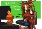 1girl 2017 arcade_stick bare_shoulders big_hair brown_eyes brown_hair chair china_dress chinese_clothes controller crossover dress evolution_championship_series game_controller guilty_gear guilty_gear_xrd hair_ring hair_tubes joystick kuradoberi_jam mad_catz makai playing_games pokemon serious sitting torchic twintails wide_sleeves