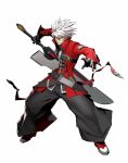  1boy black_pants blazblue blazblue:_cross_tag_battle full_body heterochromia highres higuchi_konomi jacket male_focus official_art pants ragna_the_bloodedge red_jacket short_hair silver_hair simple_background solo spiky_hair sword weapon white_background 