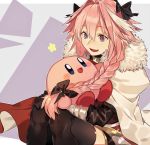  1boy black_bow bow braid cape crossover fang fate/apocrypha fate/grand_order fate_(series) fur_trim garter_straps hair_ribbon highres kirby kirby_(series) male_focus multicolored_hair open_mouth pink_hair ribbon rider_of_black single_braid smile streaked_hair trap violet_eyes ya_4004 