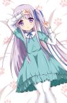  1girl arm_on_head arm_up bed blue_dress child dress gotou_jun highres long_hair lying on_back one_side_up open_mouth pantyhose purple_hair ribbon side_ponytail solo tenshi_no_3p! very_long_hair violet_eyes white_legwear xiaosamiao 