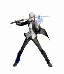  1boy blazblue blazblue:_cross_tag_battle full_body highres higuchi_konomi katana male_focus narukami_yuu over_shoulder persona persona_4 serious short_hair silver_hair solo sword sword_over_shoulder the_fool_(tarot_card) weapon weapon_over_shoulder wide_stance yasogami_school_uniform 