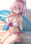  1girl barefoot bikini breasts cleavage fate/grand_order fate_(series) glasses hair_over_one_eye highres inflatable_dolphin inflatable_toy kazuha_(saku_kn) looking_at_viewer medium_breasts mouth_hold navel purple_hair shielder_(fate/grand_order) short_hair solo swimsuit violet_eyes white_bikini 