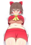  1girl ascot blush bow breasts brown_hair cookie_(touhou) detached_sleeves gluteal_fold hair_bow hair_tubes hakurei_reimu highres large_breasts looking_at_viewer midriff navel no_bra red_bow red_eyes reu sidelocks simple_background solo thigh_gap touhou under_boob white_background 
