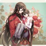  2boys blush carrying cupcake floral_background food fylus horikawa_kunihiro izumi-no-kami_kanesada japanese_clothes kimono long_hair multiple_boys princess_carry short_hair smile touken_ranbu 