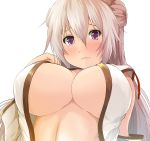  1girl blush breasts center_opening closed_mouth detached_sleeves double_bun from_below frown hair_between_eyes highres kanzaki_kureha large_breasts long_hair looking_at_viewer looking_down midriff original silver_hair solo violet_eyes wavy_mouth 