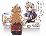  10s 2girls bag barcode_scanner blush bottle breasts brown_eyes cash_register cashier employee_uniform grey_hair hat italian_flag kantai_collection lawson long_hair monitor multiple_girls open_mouth pantyhose plastic_bag pola_(kantai_collection) revision tanaka_kusao thick_eyebrows translated uniform wavy_hair wine_bottle zara_(kantai_collection) 