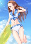  1girl barefoot blush brown_eyes brown_hair feet hairband idolmaster innertube long_hair looking_at_viewer midriff minase_iori miri_(ago550421) navel open_mouth sailor_bikini sailor_collar sailor_swimsuit_(idolmaster) smile solo swimsuit toes 