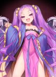  1girl bare_shoulders breasts collarbone dress fang fate/grand_order fate_(series) japanese_clothes kinnotama_(erokosei) long_hair looking_at_viewer looking_down open_mouth purple_hair robe small_breasts twintails very_long_hair violet_eyes wu_zetian_(fate/grand_order) 