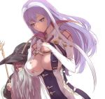  1boy 1girl breasts bridal_gauntlets cleavage closed_mouth hair_between_eyes hat isabelle_(shadowverse) large_breasts long_hair looking_at_another multicolored_hair purple_hair samubbitti shadowverse shoulder_cutout staff two-tone_hair upper_body violet_eyes white_hair wizard wizard_hat 